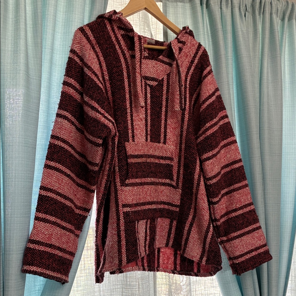 Striped Pink and Burgundy Men’s Mexican Blanket Hoodie